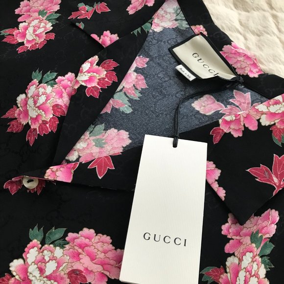 GUCCI Black Silk Peony Print Bowling Shirt - Picture 3 of 9